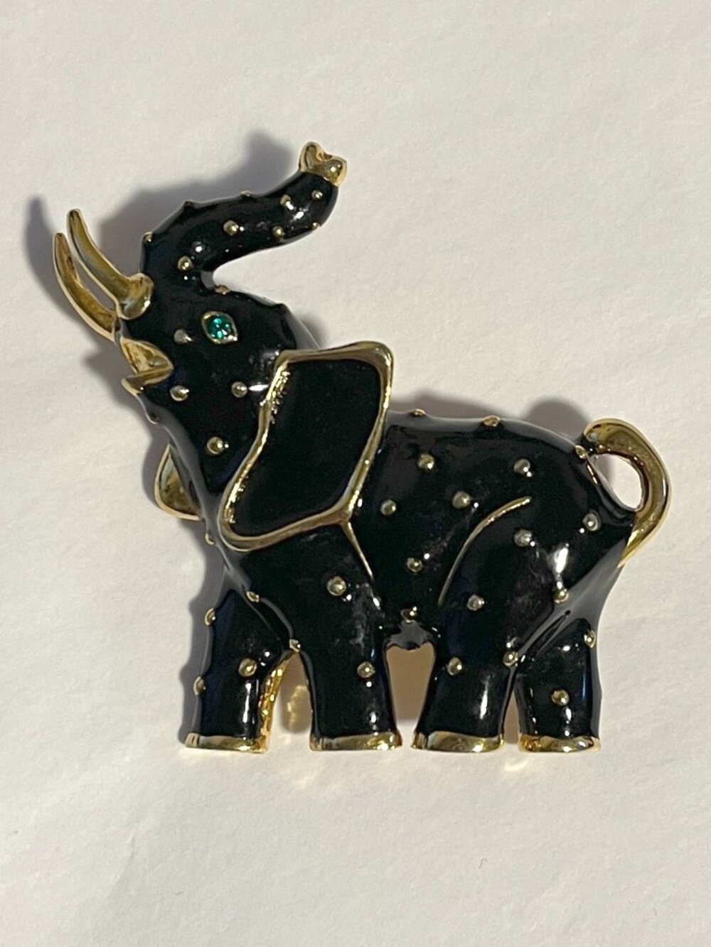 Vintage Style Elephant Brooch Black Enamel Gold Tone Rhinestone Trunk Up